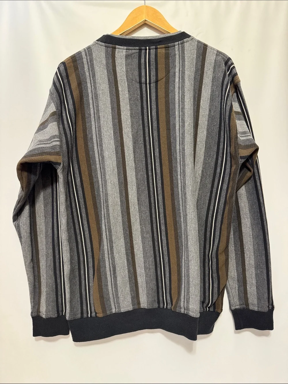 Vintage 90s Knights Sportswear Brown/Gray Vertical Striped Crewneck Sweater